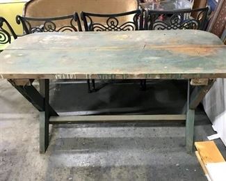 Vintage Green Toned Wooden Outdoor Picnic Table