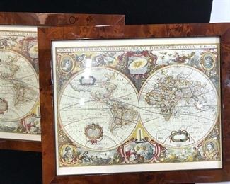 Set 2 Framed Antique Print of Globe