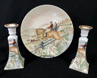 Set 3 Painted The Hunt Plate & Candlesticks