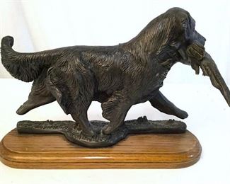 Composite Dog & Pheasant Figural On Wood Base