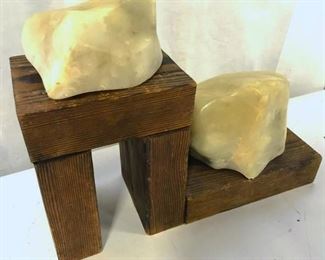 Stained Pine Lumber Sculptural Display Quartz Rock