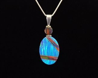 .925 Sterling Silver Multi Colored Opal Pendant Necklace
