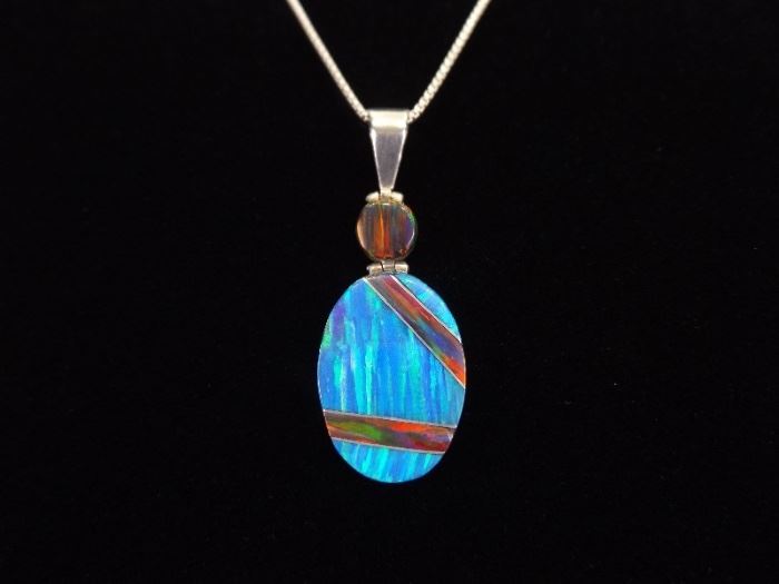 .925 Sterling Silver Multi Colored Opal Pendant Necklace
