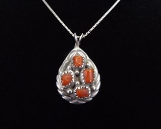 .925 Sterling Silver Raw Red Coral Pendant Necklace