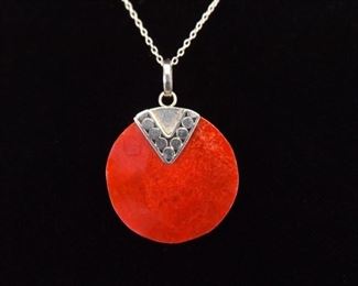 .925 Sterling Silver Red Coral Sun Disc Pendant Necklace