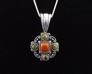 .925 Sterling Silver 2 Sided Zoisite, Red Coral and Petrified Wood Pendant Necklace