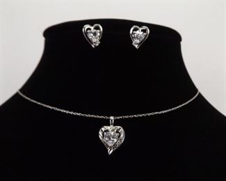 .925 Sterling Silver Crystal Heart Pendant, Necklace and Earring Set