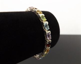 .925 Sterling Silver Multi Colored Faceted Crystal Bracelet