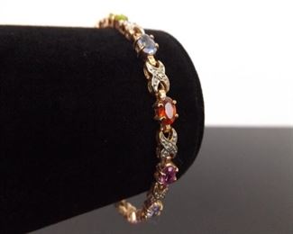 .925 Sterling Silver Diamond Accented Multi Colored Faceted Stone Vermeil Bracelet