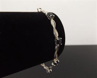 .925 Sterling Silver Diamond Accented Black Sapphire Bracelet
