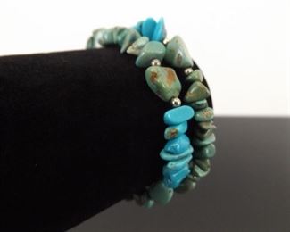 .925 Sterling Silver 2 Strand Semi Polished Raw Turquoise Bracelet