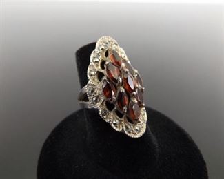 .925 Sterling Silver Art Nouveau Garnet Ring Size 5.5