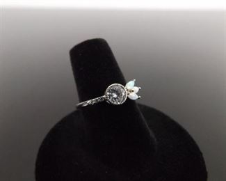 .925 Sterling Silver Opal Accented Crystal Ring Size 6.75
