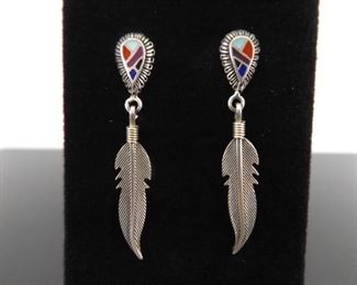 .925 Sterling Silver Multi Stone Navajo Eagle Feather Post Earrings