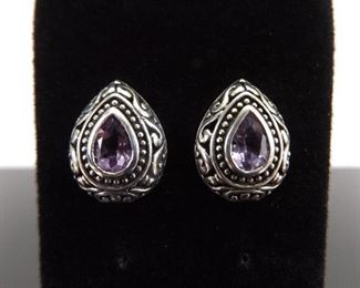 .925 Sterling Silver Pear Cut Amethyst Art Nouveau Post Earrings