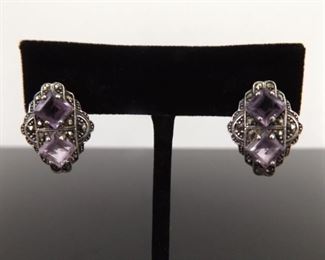 .925 Sterling Silver Amethyst Art Nouveau Post Clasp Earrings