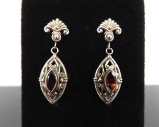 .925 Sterling Silver Garnet Scroll Post Dangle Earrings