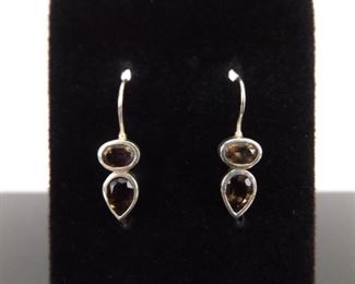 .925 Sterling Silver Smokey Quartz Hook Earrings
