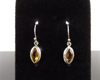 .925 Sterling Silver Citrine Dangle Hook Earrings