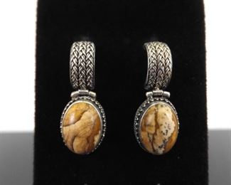 .925 Sterling Silver Lori Bonn Jasper Cabochon Half Hoop Hinge Post Earrings