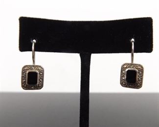 .925 Sterling Silver Black Onyx Art Nouveau Closed Hook Earrings