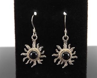 .925 Sterling Silver Black Onyx Cabochon Sun Disc Hook Dangle Earrings