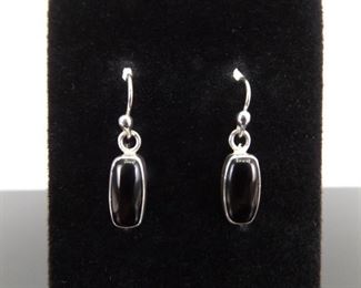 .925 Sterling Silver Black Onyx Hook Dangle Earrings