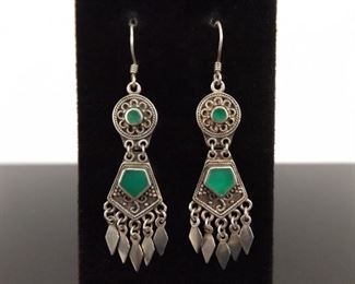.925 Sterling Silver Inlayed Malachite Art Nouveau Hook Dangle Earrings