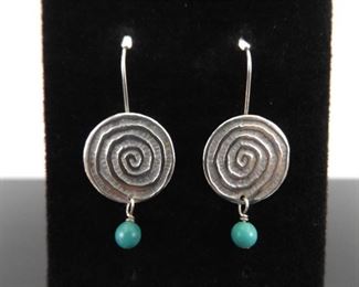 .925 Sterling Silver Artisan Swirl Turquoise Bead Hook Earrings