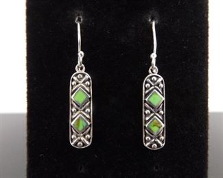 .925 Sterling Silver Inlayed Malachite Hook Dangle Earrings