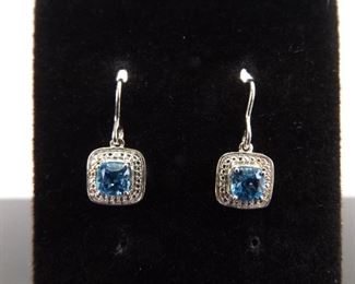 .925 Sterling Silver Diamond Accented Topaz Hook Dangle Earrings