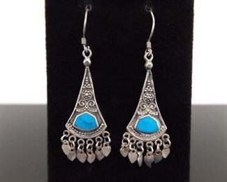 .925 Sterling Silver Inlayed Howlite Hook Dangle Earrings