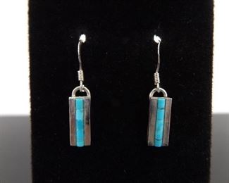 .925 Sterling Silver Turquoise Tube Hook Dangle Earrings