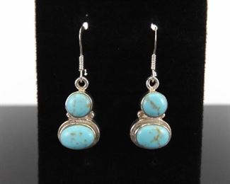 .925 Sterling Silver Turquoise Cabochon Hook Dangle Earrings