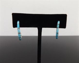 .925 Sterling Silver Turquoise Post Hoop Earrings