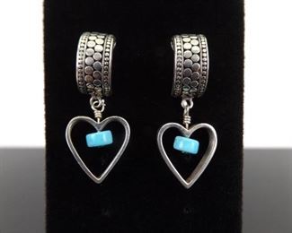 .925 Sterling Silver Turquoise Heart Half Hoop Post Dangle Earrings