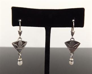 .925 Sterling Silver Artisan Pearl Hook Clasp Dangle Earrings