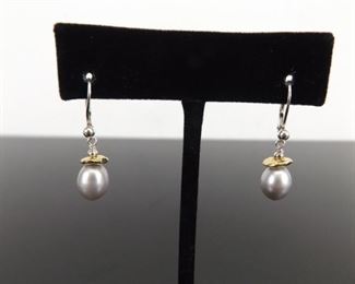 .925 Sterling Silver Pearl Hook Clasp Dangle Earrings