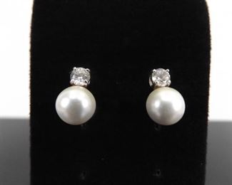 .925 Sterling Silver Pearl and Crystal Post Earrings