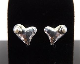.925 Sterling Silver Pearl Heart Post Earrings