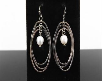 .925 Sterling Silver Pearl Multi Hoop Hook Clasp Earrings