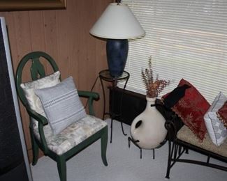 Wrought iron frame side table, holder with pot, bench