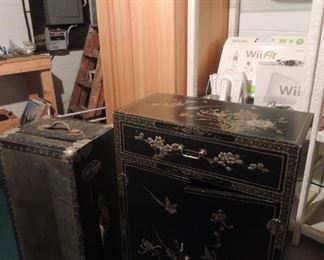 lacquered oriental chest, vintage trunk, storage cabinet