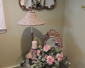 large oriental fishbowl planter table, vintage mirror, decorator items