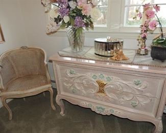 hand painted dresser, one of a pair of caned french style chairs