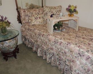 Trundle bed (two twins), Laura Ashley bedding, pillows, and matching window valances.  Oriental fish bowl planter table