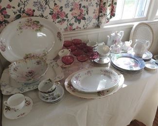 antique platters, tea service, oriental plates, cranberry champagne stems