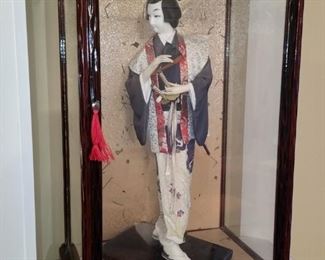 Vintage Nishi handcrafted Japanese doll with samurai sword in wood framed glass casea