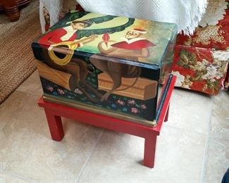 Small table and box with painted monkeys