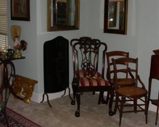 Firescreen, pair of Chippendale style side chairs, mirrors, chairs with cane seats